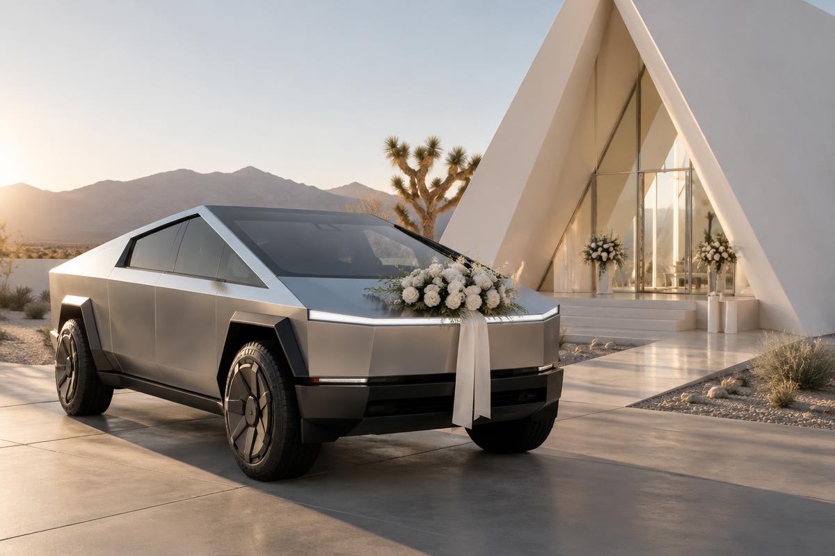 Cybertruck parked outside a white desert chapel as a wedding vehicle
