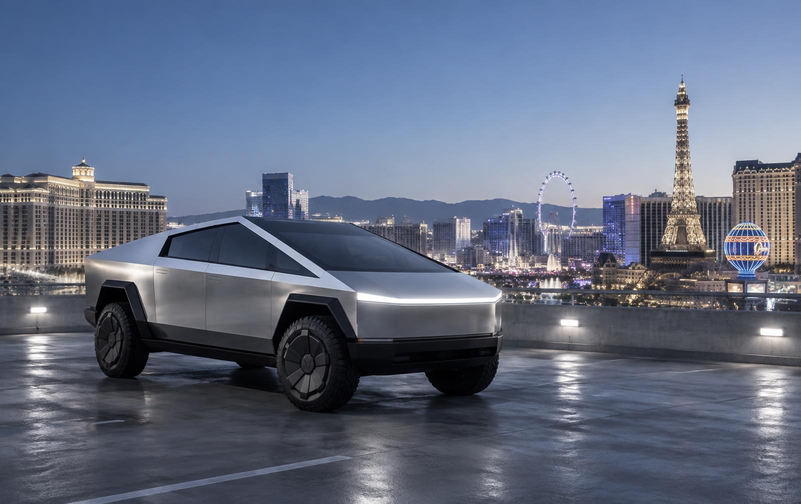 Stainless steel Tesla Cybertruck parked above the Las Vegas strip at blue hour